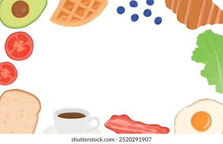 Frame of breakfast foods. Hand drawn vector illustration. Bread, toast, waffle, fried egg, bacon, coffee, lettuce, tomato. Copy space.