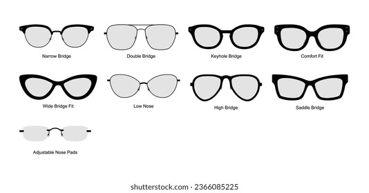 Frame Bridge Types Eye frame glasses fashion accessory illustration. Sunglass front view for Men, women, unisex silhouette style, flat rim spectacles eyeglasses with lens sketch style outline isolated