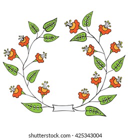 Frame with bright abstract flower orange color. Isolated vector frame on the white background. Can be used to design for T-shirt, greeting card, poster, wedding or party  invitation. 