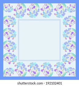 Frame of bright flowers irises on a blue background. Handmade.