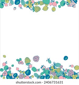 Frame of bright juicy berries. Frame with natural products. Empty space for text. Also can be used as banner, flyer, texture, poster. Hand drawing. Vector background. Illustration