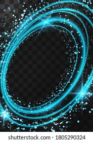 Frame of bright neon blue oval rings with glitter, sparkles and flashes on a dark transparent background. Vector illustration.
