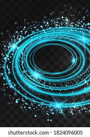 Frame of bright neon blue oval rings with glitter, sparkles and flashes on a dark transparent background. Vector illustration.