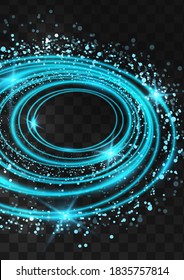 Frame of bright neon blue oval rings with glitter, sparkles and flashes on a dark transparent background. Vector illustration.