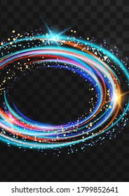 Frame from bright neon multicolored oval rings with glitter, sparkles and flashes on a dark transparent background. Vector illustration.