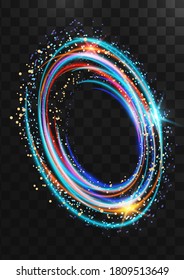 Frame from bright neon multicolored oval rings with glitter, sparkles and flashes on a dark transparent background. Vector illustration.