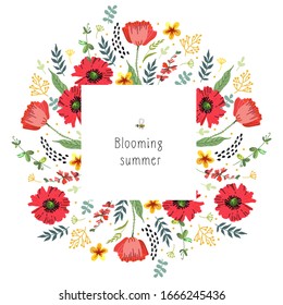 Frame with bright summer flowers. Vector illustration. Manual graphics. 