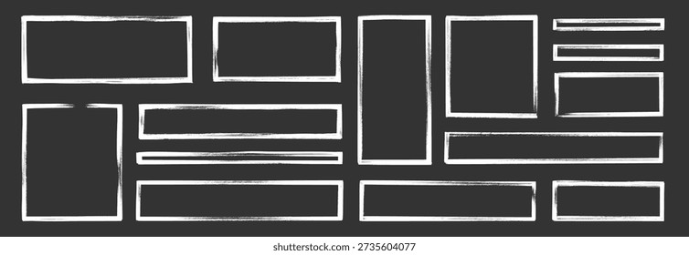 Frame brush rectangle set. Frame rectangle border brush stroke with chalk rough line and square shape. Hand drawn doodle pencil texture sketch outline border on blackboard. Vector illustration