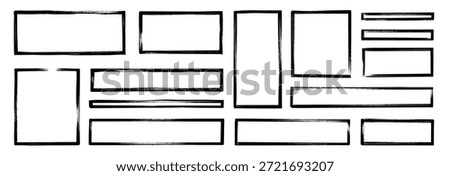Frame brush rectangle set. Frame rectangle border brush stroke with chalk rough line and square shape. Hand drawn doodle pencil sketch outline on paper with vintage grunge texture. Vector illustration