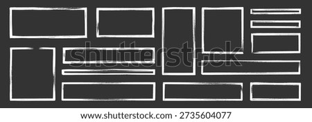 Frame brush rectangle set. Frame rectangle border brush stroke with chalk rough line and square shape. Hand drawn doodle pencil texture sketch outline border on blackboard. Vector illustration