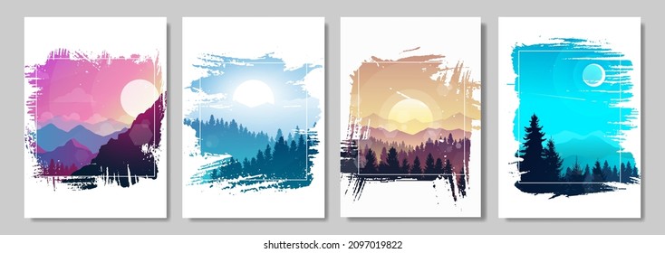 The frame of brush strokes. Abstract landscape vector set. Banner set with polygonal mountains landscape illustrations. Minimalistic style. Flat design. Travel concept of discovering, exploring