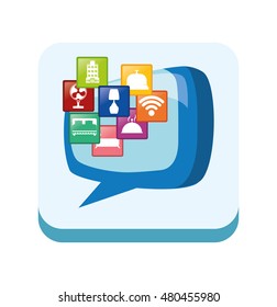 Frame bubble and hotel apps icon set. Service technology media and digital theme. Colorful design. Vector illustration