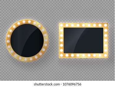 Frame with bulbs. Illuminated banner isolated on transparent background.Glowing lights billboard for advertising design.