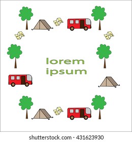 Frame with bus, map, tent and tree with place for text. For greeting card, invitation, posters, texture backgrounds, placards, banners, other decoration.