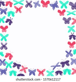 Frame with butterflies on white. Colorful symmetric insects, light background. Graphic hand drawn illustration - green, pink, violet bright wings. Decorative elements. Doodle moths. Square border form
