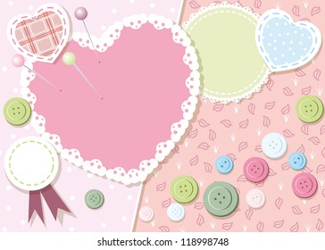 frame with buttons, paper and patches