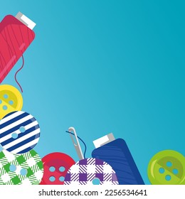 Frame of buttons,spool threads and needle  decoration vector illustration design background.