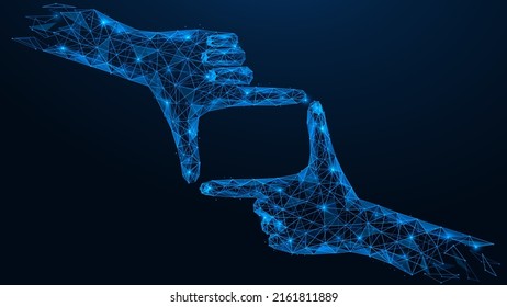 Frame by hands. Centering of attention. Polygonal design of lines and dots. Blue background.