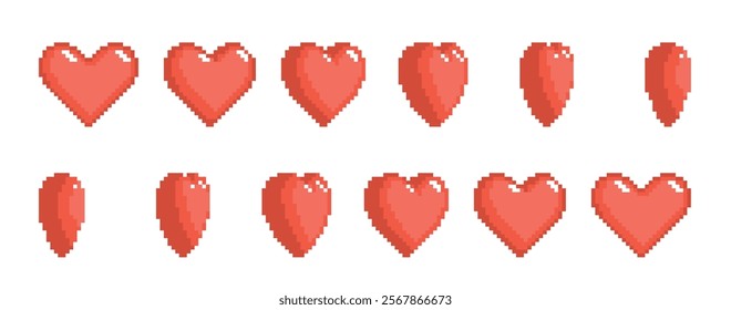 Frame by frame pixel heart rotation. Retro 8 bit arcade game element animation, sequence sprite, romantic love moving symbol, vitality, valentine sign, digital UI, nowaday vector isolated set