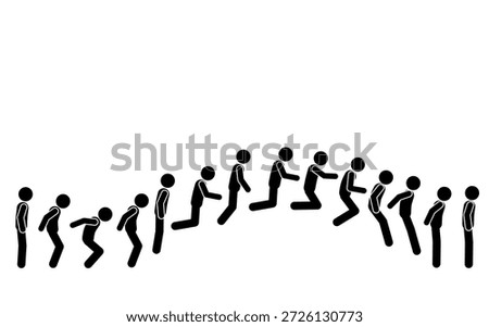 Frame by frame stick figure jumping animation sequence.
