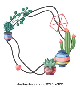 Frame with cactuses and succulents. Decorative spiky flowering cacti and plants in flowerpots.