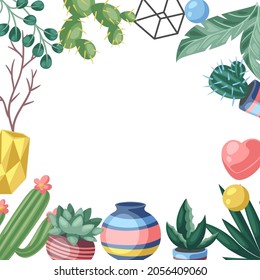 Frame with cactuses and succulents. Decorative spiky flowering cacti and plants in flowerpots.