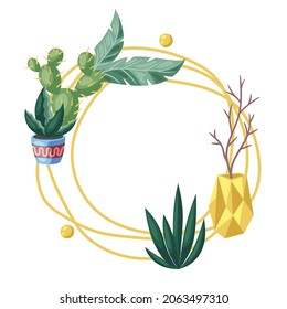 Frame with cactuses and succulents. Decorative spiky flowering cacti and plants in flowerpots.