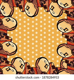 Frame of cake and doughnut, orange, yellow, peas, square, cartoon style, banner, poster, invitation, postcard, card, party, empty space, text space, advertising, signboard, greetings, dessert, invite