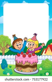 Frame with cake and two kids celebrating - eps10 vector illustration.