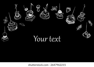 Frame of canapes and seasonings, isolated Vector sketch on black background. Small sandwich strung on a skewer. Snack for alcohol, appetizer. Place for text, signboard, advertising stand.