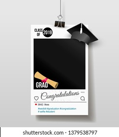 Frame with cap for grads. Graduation party photo booth props. Concept for selfie. Photobooth vector element. Congratulation grad quote. Vector illustration. Isolated on white background.