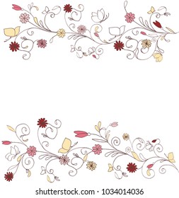 Frame for a card with an ornament of butterflies, flowers and leaves. Gentle tones. Laconic combination of colors. High resolution image for printing.