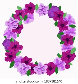 The frame for the card is round with pink and purple petunias. Wreath of bright flowers for decoration and decoration