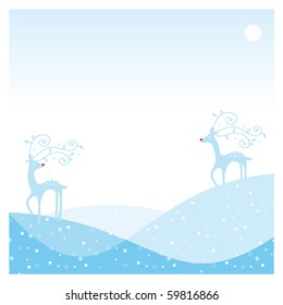 frame card with two reindeer with the snow and moon landscape