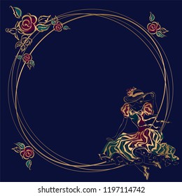 Frame, card.Vintage girl. In the hat, with umbrellas. Round frame. Gold.  Flowers. Vector.