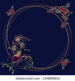 Frame, card.Vintage girl. In the hat, with umbrellas. Round frame. Gold.  Flowers. Vector.