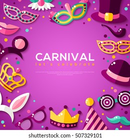 Frame with Carnival Masks on Purple Background. Vector illustration. Masquerade Party Concept Template with Place for Text