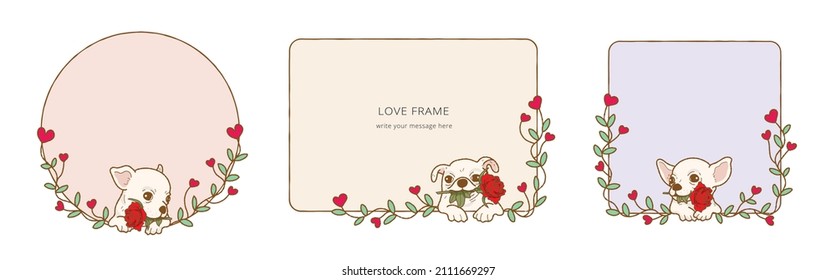 Frame with  Cartoon chihuahua dog holding red rose flower in mouth, Lovely dog in love on valentines day gives gift illustration Frame