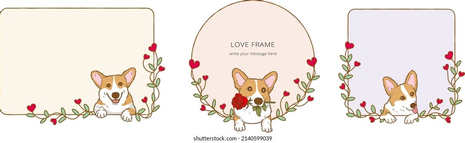 Frame with  Cartoon corgi dog holding red rose flower in mouth, Lovely dog in love on valentines day gives gift illustration Frame