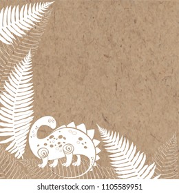Frame with cartoon dinosaur and ferns on kraft paper. Vector illustration with space for text. It can be an invitation, a greeting card or an element of your design.
