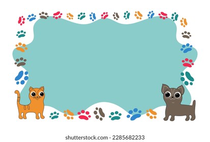  Frame cartoon dog, cat; footprints, paw prints of the animal. Ornaments, icons with pets. Vector background for print design . Card with space for text. Pet products. Pet notice banner concept vector
