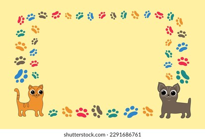  Frame cartoon dog, cat; footprints, paw prints of the animal. Ornaments, icons with pets. Vector background for print design . Pet products. Pet notice banner concept vector illustration. 