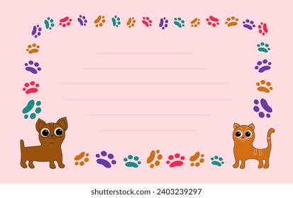  Frame cartoon dog, cat; footprints, paw prints of the animal. Ornaments, icons with pets, print design. Card with space for text. Pet products. Pet notice banner concept vector illustration. 