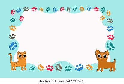 Frame cartoon dog, cat; footprints, paw prints of the animal. Ornaments, icons with pets. Vector background for print design . Card with space for text. Pet products. Pet notice banner concept. 