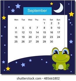 Frame with cartoon frog . Calendar , month September . Frames are text ready . Design template can be used for baby card, advertisement , web banner