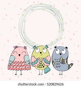 Frame with cartoon owls in light colors.
