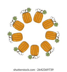 Frame with cartoon pumpkin. Contour drawing, doodle, vegetable. Harvest, natural vegetarian food. Autumn banner, poster with space for text. Halloween. Vector illustration. White isolated background.