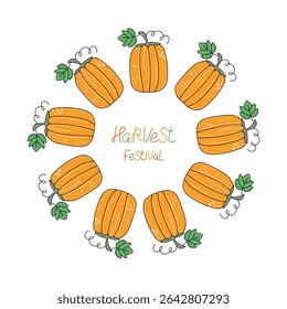 Frame with cartoon pumpkin. Contour drawing, hand lettering. Drawing, doodle, vegetable. Harvest, natural vegetarian food. Autumn banner, poster. Halloween. White isolated background.