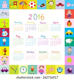 Frame with cartoon toys 2016 calendar