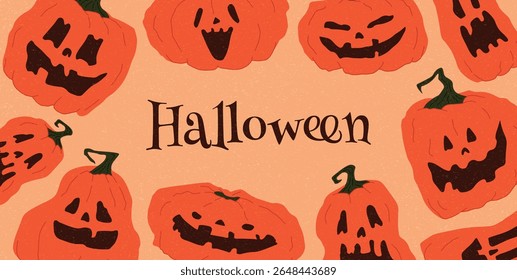 Frame of Carved Halloween Pumpkins with Scary and Funny Faces around Halloween Lettering. Creepy Jack o Lantern Characters on Orange Background. Flat Hand Drawn Vector Illustration
